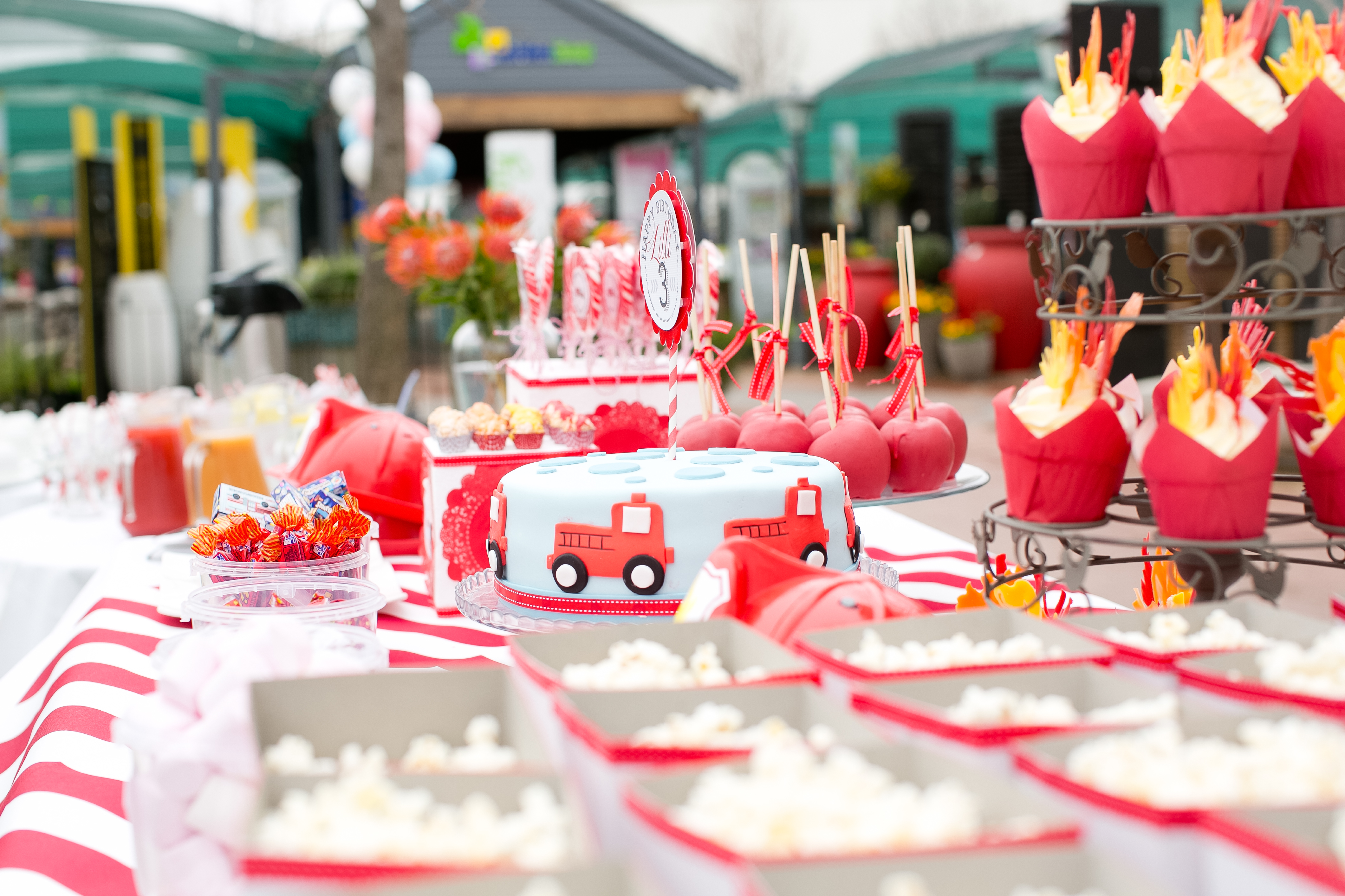 Fire Engine kids party Birthday cake and candy table