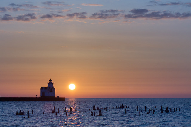 Kewaunee, Lighthouse, Sunrise, Lake Michigan, Blue, Shilouette