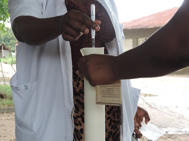 Using a lactometer to check fresh milk in Pongwe, Tanzania.