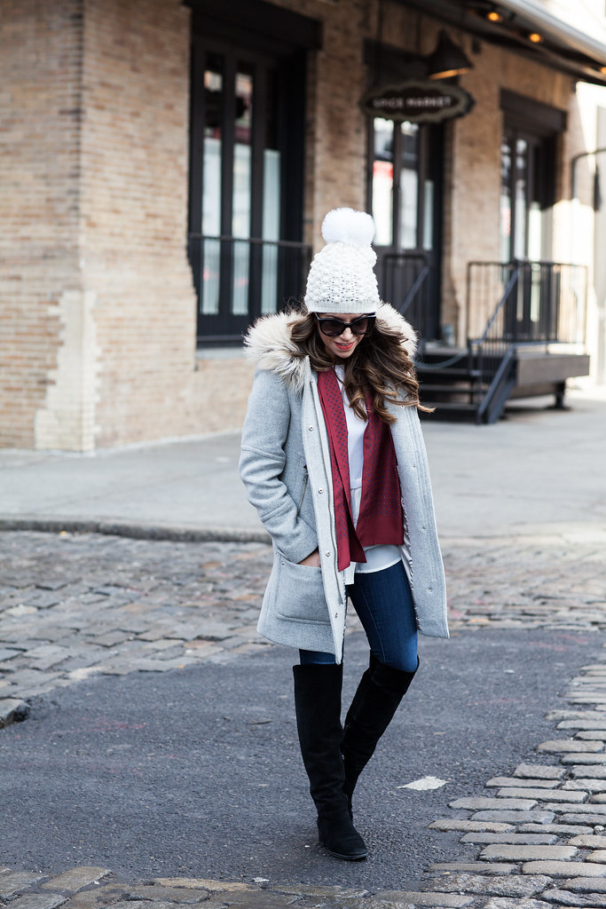 casual outfit jcrew parka grey coat jcrew silk scarf club monaco silk sweater pom pom hat white cream hat french bulldog new york city fashion blogger corporate catwalk blogger casual outfit for the weekend AG Denim jcrew outfit ideas zara suede boots prada sunglasses