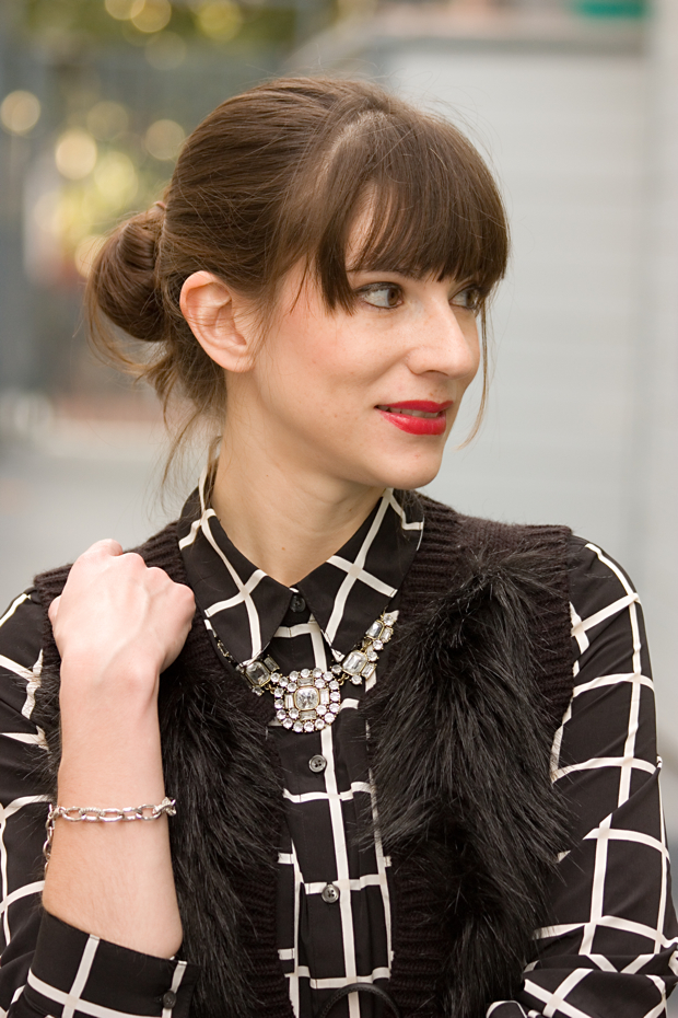 Windowpane dress, fur vest, fashion blogger