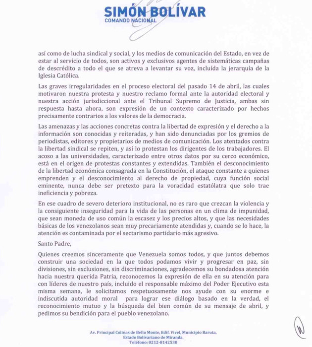 Carta de Capriles al Papa