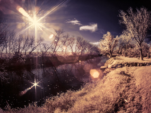 trees sky sun nature water grass wisconsin clouds river landscape ir pier stream unitedstates fisheye flare infrared converted falsecolor m43 gratiot infraredcamera micro43 microfourthirds 665nm 665nminfrared rokinon75