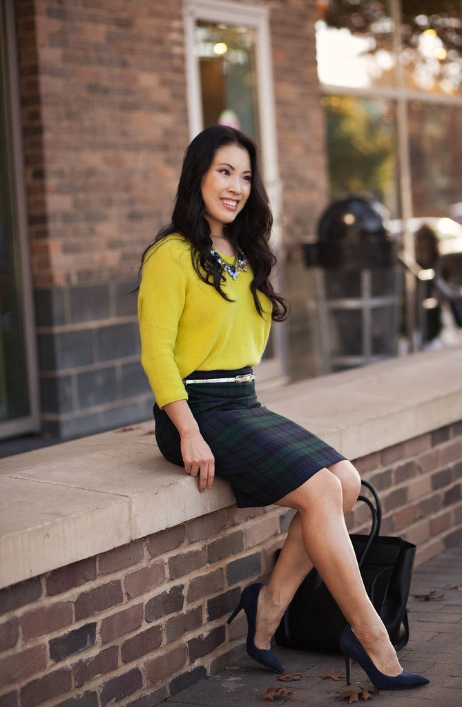 cute & little blog | neon yellow sweater, tartan plaid j. crew factory pencil skirt, silver belt, flower statement necklace outfit | fall trend