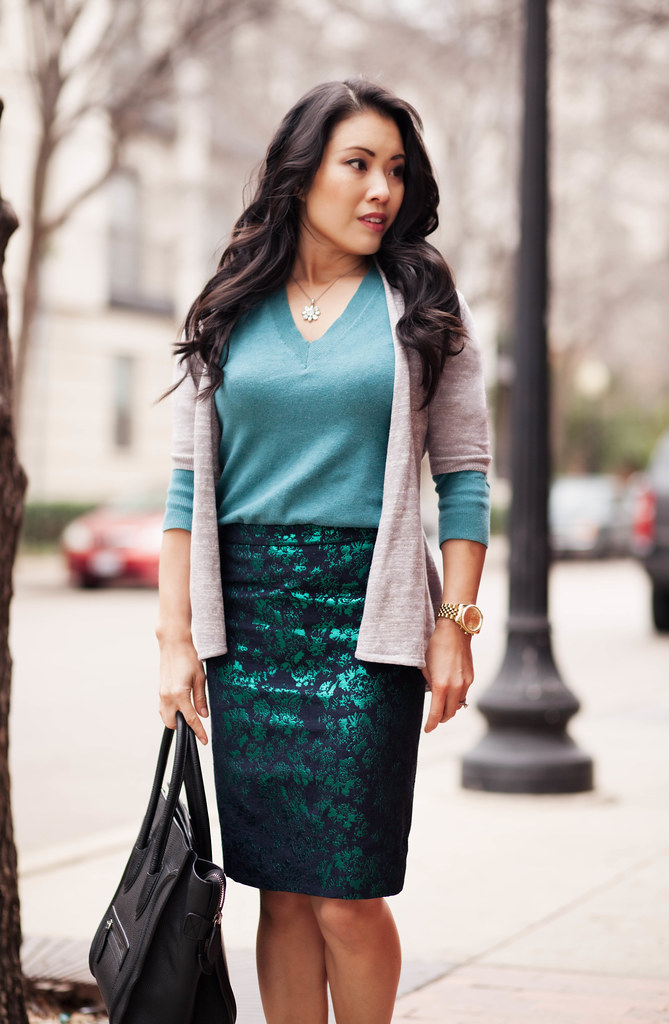 cute & little blog | the limited gray cardigan, teal sweater, j. crew floral brocade pencil skirt, celine, winter work outfit