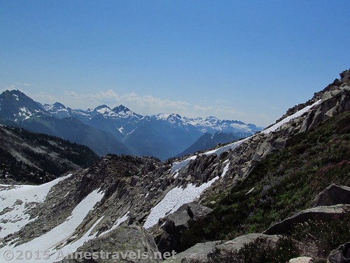 Views while hiking above the saddle on the Hidden Lake Lookout Trail, Mount Baker-Snoqualmie National Forest and North Cascades National Park, Washington