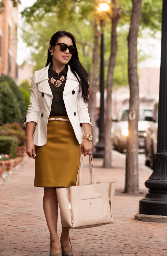 cute & little blog | petite fashion | neutral safari earth tones outfit | army green shirt, mustard pencil skirt, pink bow belt, lily wang statement necklace