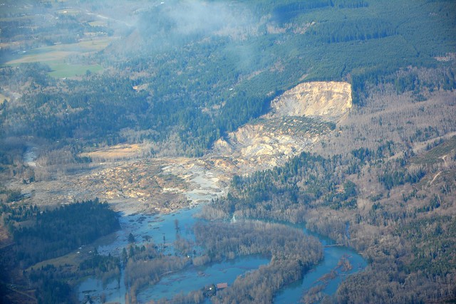 Aerial view of the Stillguamish River and SR 530 after the March 22, 2014 landslide
