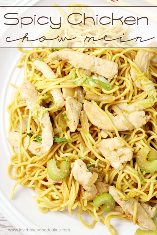 Spicy Chicken Chow Mein on a plate.