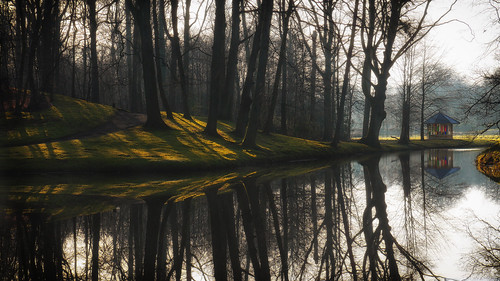trees netherlands sunrise reflections lumix bomen estate nederland gazebo panasonic f28 dmc 1235 vario overveen landgoed reflecties elswout zonsopkomst gh3 prieel 1235mm