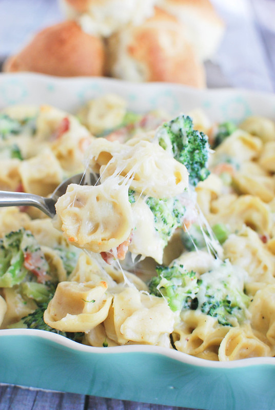 Bacon Tortellini Bake - delicious 30 minute meal! Cheese tortellini, bacon, and broccoli in a creamy cheese sauce! A favorite of kids and adults!