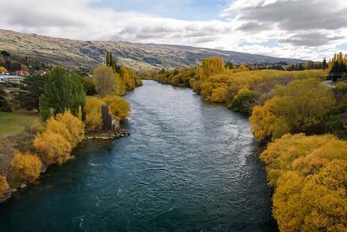 autumn trees newzealand sky water clouds buildings river landscape hills southisland centralotago roxburgh cluthariver tripdownsouth teviotvalley