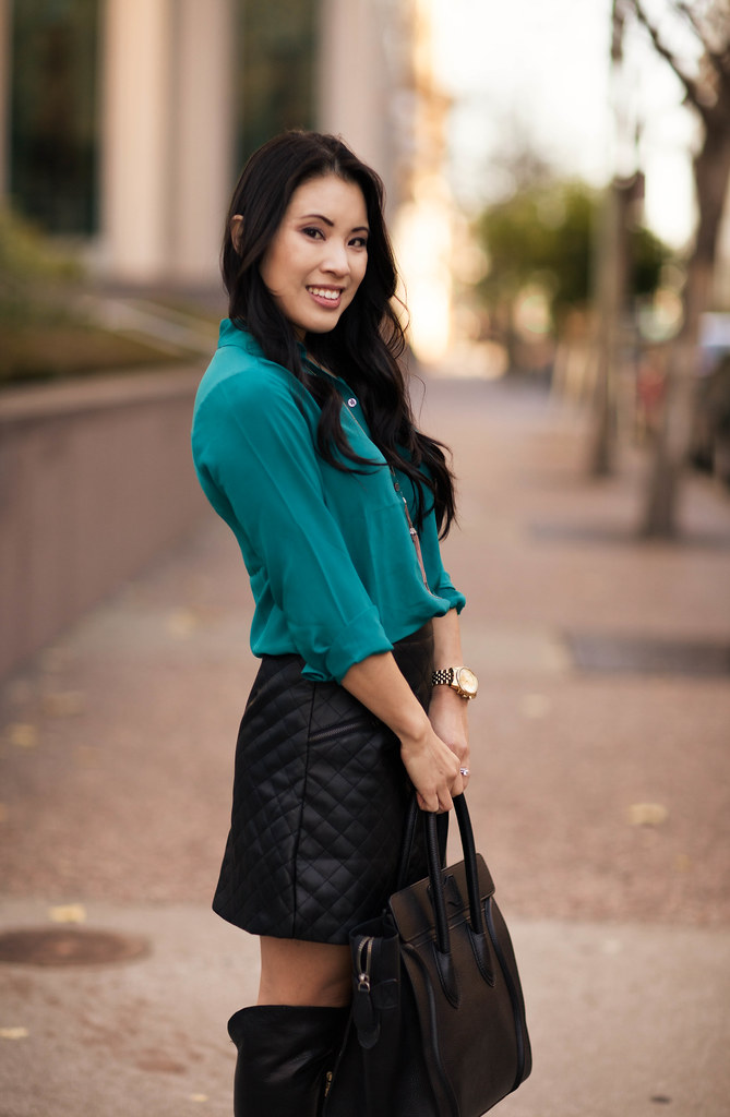 cute & little blog | teal silk top, sheinside leather quilted skirt, vince camuto bedina over-the-knee otk black boots outfit | petite fashion