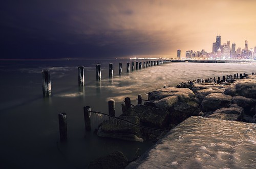 city longexposure morning winter lake chicago cold ice water skyline sunrise lights illinois downtown lakemichigan lakeshoredrive pilings hancock hdr cookcounty foreground windycity fullertonavenue pentaxk5 briankoprowski bkoprowski