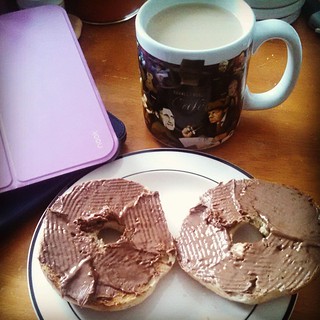 Another snow day... This calls for #Jiff smores spread on my multi grain bagel #breakfast #coffee #bagel #winterwontend