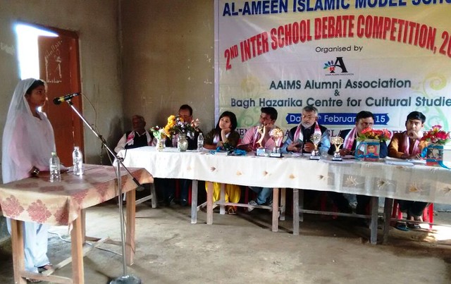 A girl student is seen taking part in the 2nd Inter School Debate Competition 2015 organised by Alumni of Al-Ameen Islamic Model School & Bagh Hazarika Centre for Cultural Studies Guwahati on Saturday at Goroimari, Kamrup District.