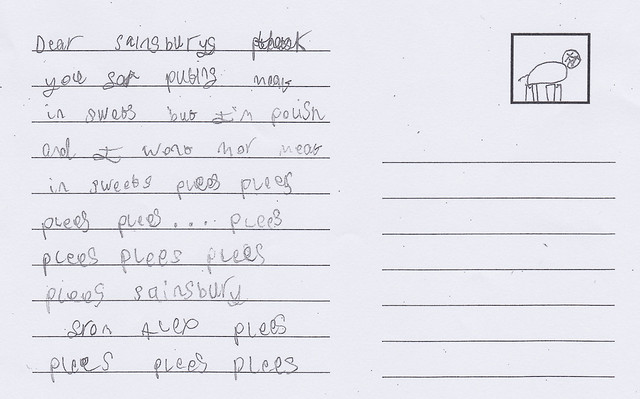 Montgomery Primary: Alex's postcard to Sainsbury's about beef gelatin in sweets