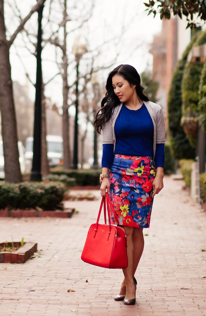 cute & little blog | transitional florals outfit | gray cardigan, navy sweater, floral skirt, red kate spade bag, love necklace