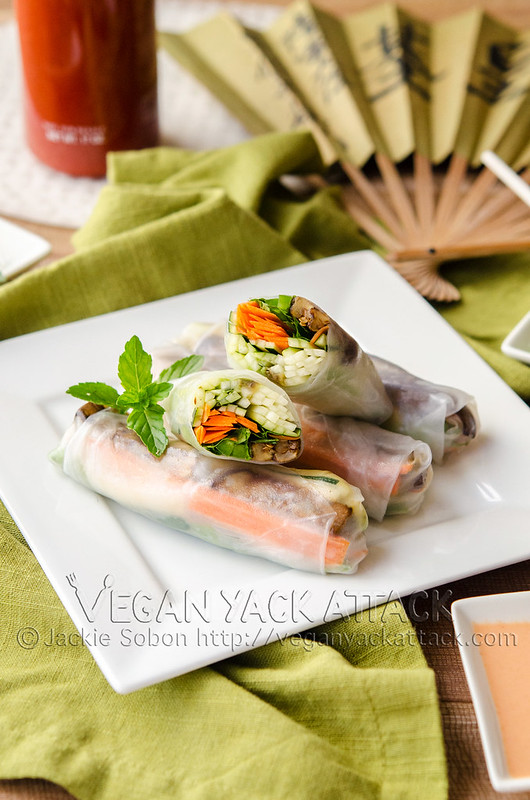 A light recipe for Grilled Eggplant Spring Rolls, filled with crunchy zucchini, fresh herbs and more! Plus, a tasty peanut butter dipping sauce.