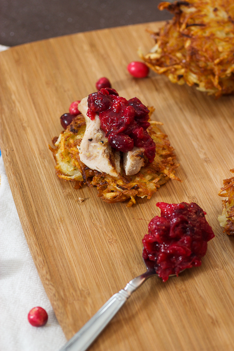 Potato Latkes Topped with Turkey and Cranberry Chutney #thanksgivukkahpotluck