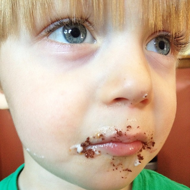 There is a chocolate cupcake missing from the kitchen counter and Tate claims he has NO IDEA what happened to it... #trouble #boys #cupcake #thief #evidence