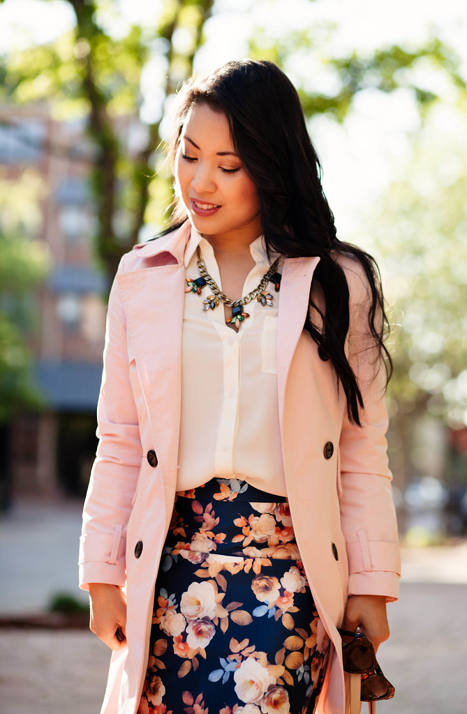 cute & little blog | petite fashion | pink trench, white blouse, j.crew antique floral pencil skirt, statement necklace | spring outfit