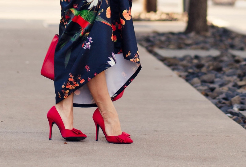https://cuteandlittle.com | petite fashion blog | yellow chiffon top, sheinside floral parrot print skirt | justfab frances red bow pump | spring outfit