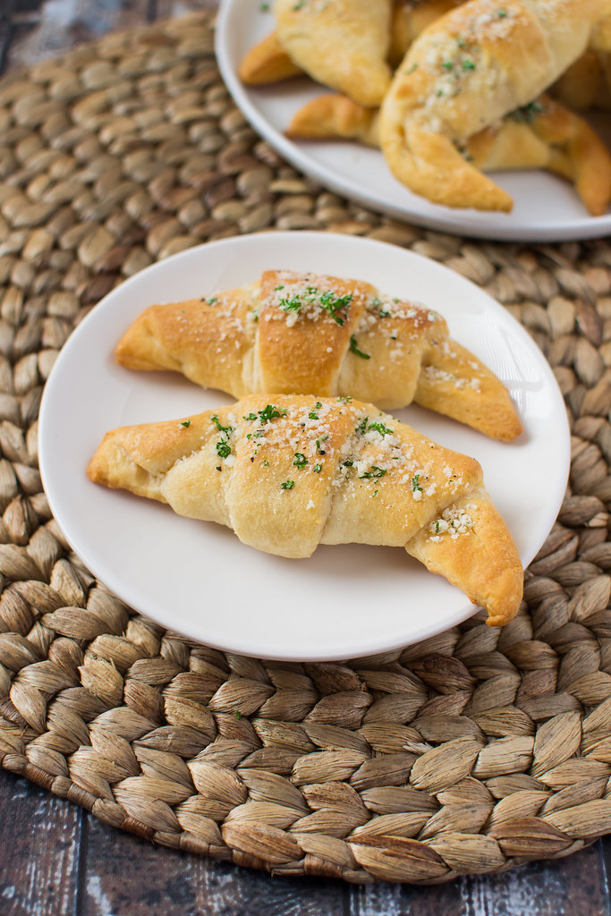 Garlic and Parmesan Crescents with Jalapeno Cream Cheese Ready On white Mini Plate 
