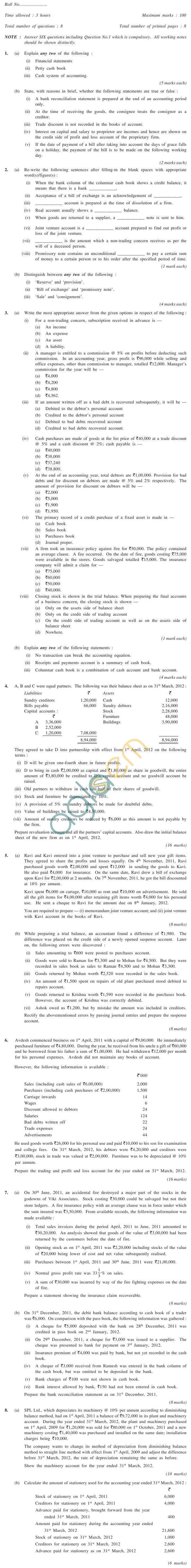 CS Foundation Question Papers Jun 2012 - Financial Accounting