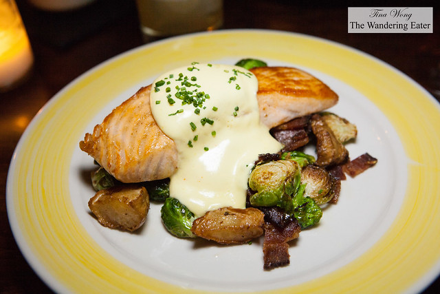 Pan seared salmon with sunchokes, Brussels sprouts and bacon