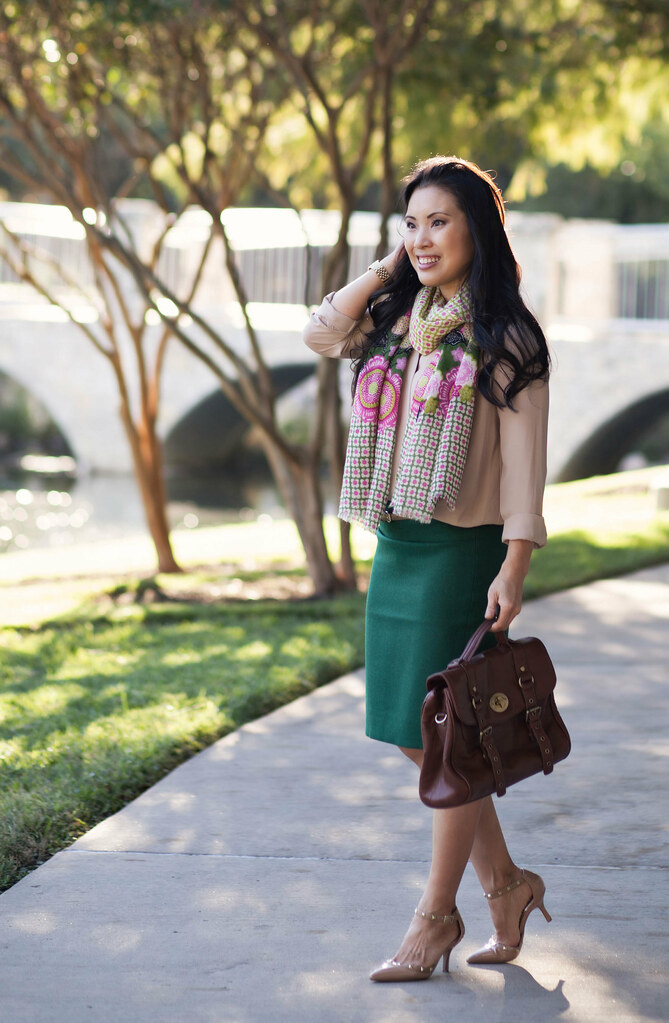 cute & little blog | rose top, green pencil skirt, vera bradley olivia pink scarf, sole society anneke pumps outfit #ootd