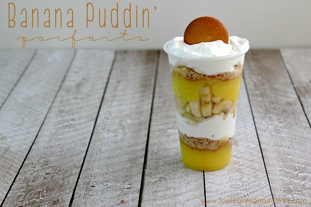 Banana Puddin' Parfait in a cup close up against a back drop.