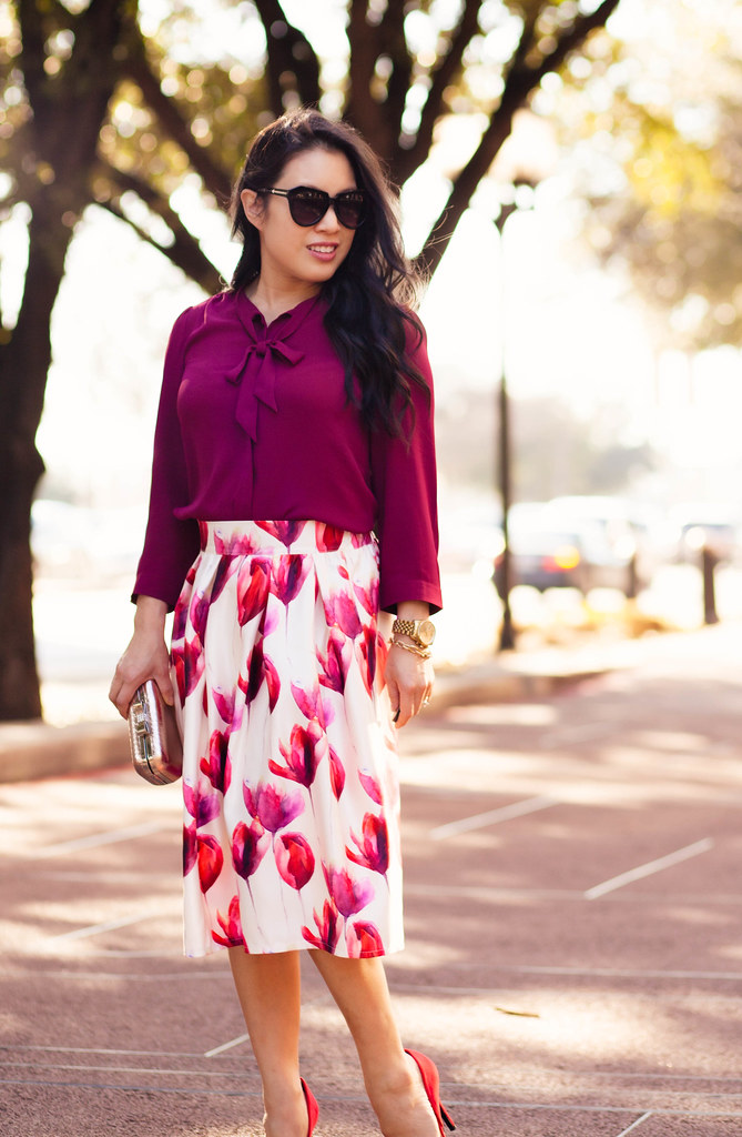 http://cuteandlittle.com | maroon bow top, choies white tulip midi skirt, justfab red frances bow pumps | valentine's day outfit