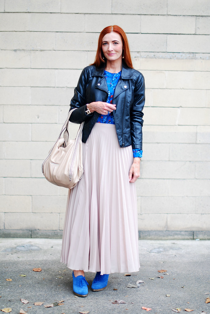 Black leather jacket & nude pleated maxi skirt