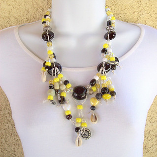 Ethinic tied necklace black white yellow 22in 3wide 072813-006