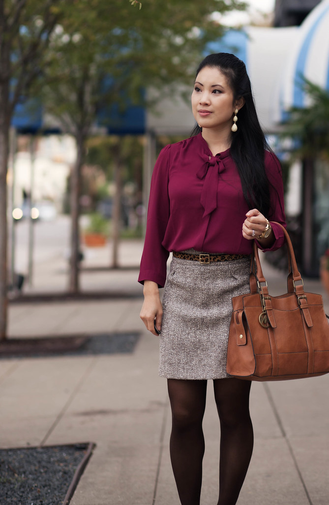 cute & little blog | burgundy top, tweed skirt, brown tights, leopard belt outfit