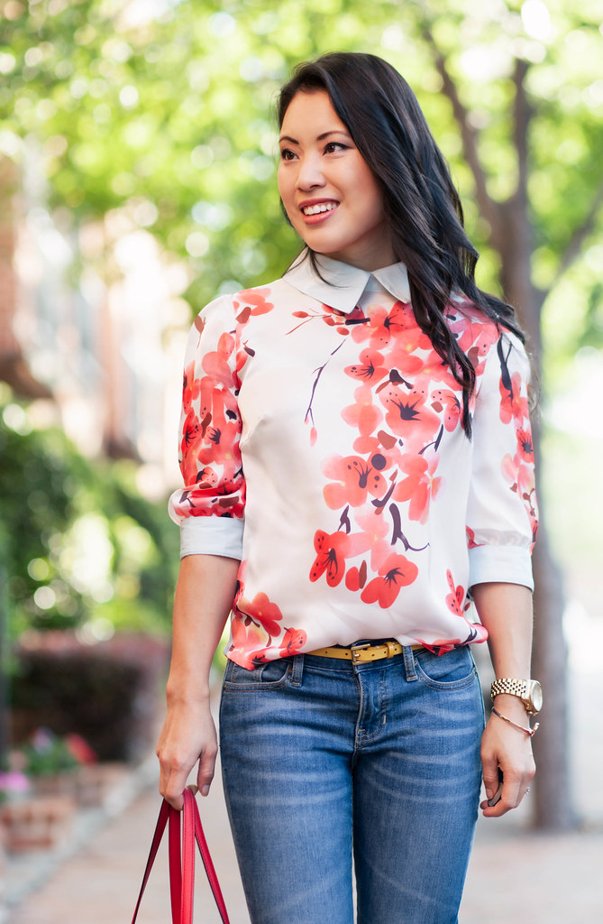 cute & little blog | petite fashion | cherry blossom mint floral top, cuffed jeans, kate spade red elissa bag | casual outfit