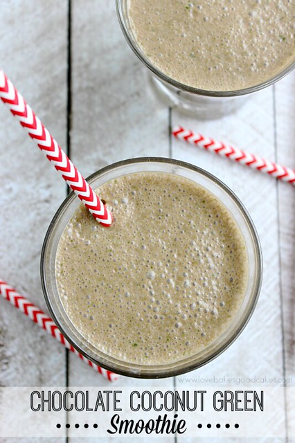 Chocolate Coconut Green Smoothie with Carnation Breakfast Essentials in glass with straw.