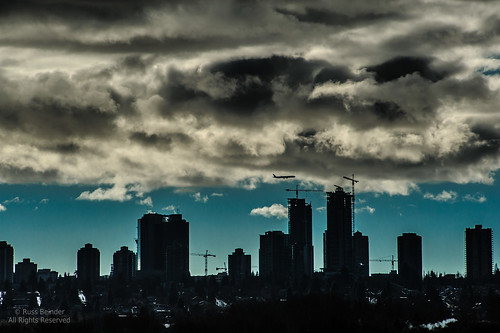 sky canada storm silhouette clouds airplane bc towers highrise burnaby metrotown tamron70210f35