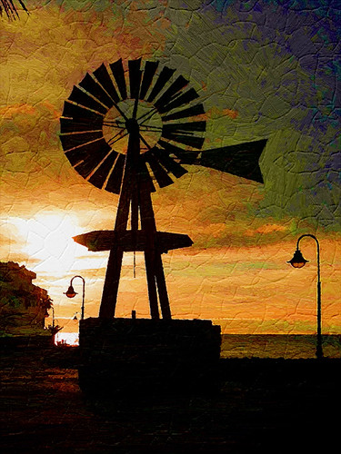 sunset windmill painting lanzarote oil costateguise