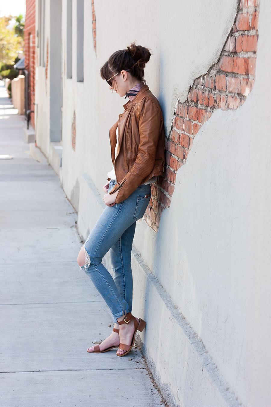 Zara Leather Jacket, Ripped Jeans, Tan Leather Sandals outfit
