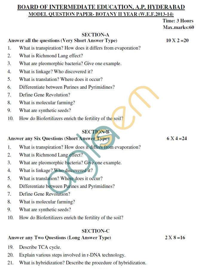 AP Board Intermediate II Year Botany Model Question Paper 
