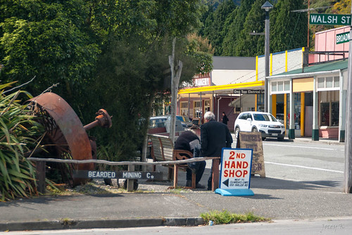 street newzealand people signs cars town rust shops southisland westcoast reefton