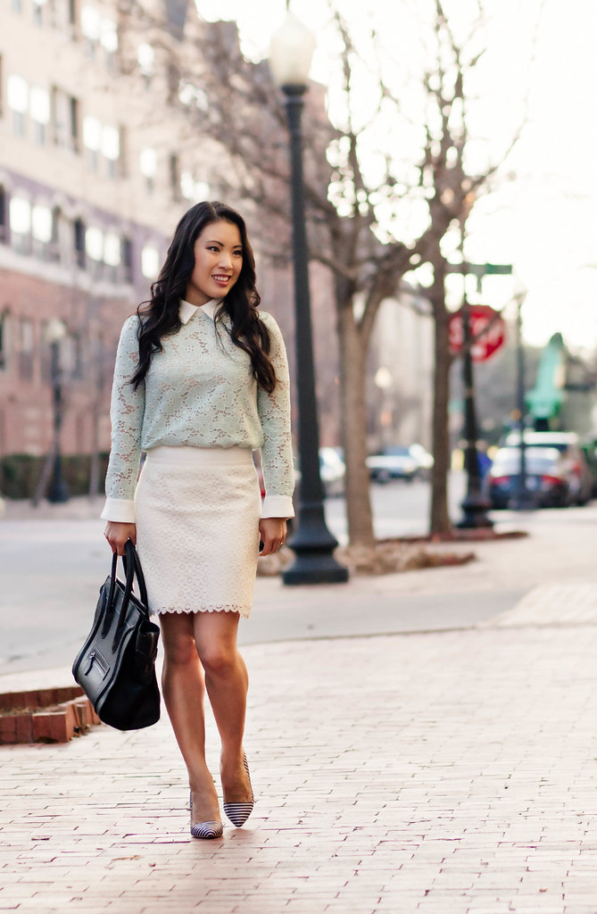 cute & little blog | choies mint lace collar shirt, lace pencil skirt, striped pumps outfit