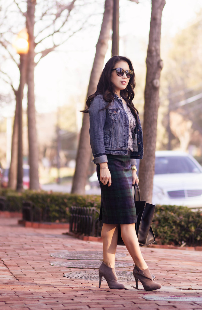 cute & little blog | denim jean jacket, graphic j. crew tee, plaid pencil skirt, gray ankle boots outfit