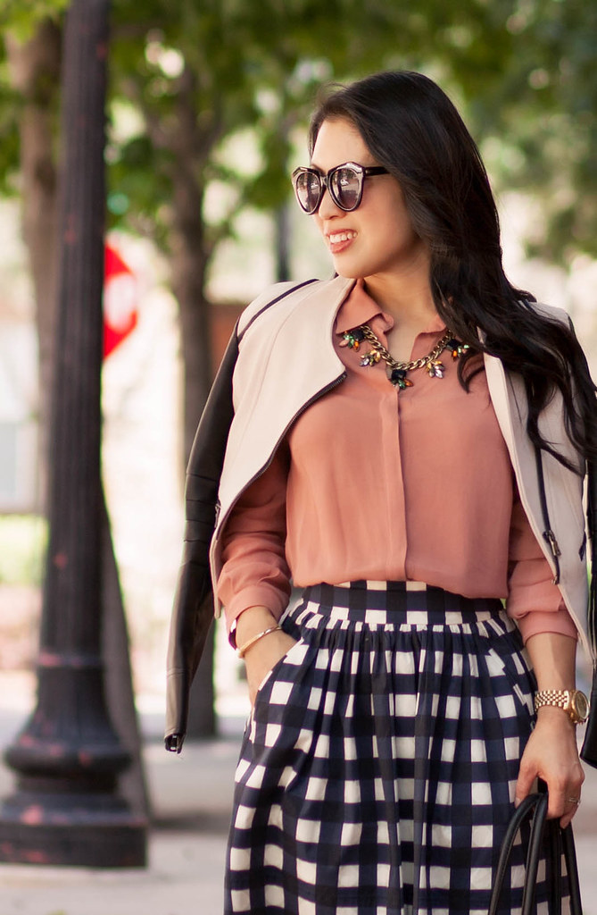 cute & little blog | petite fashion | khaki black leather sleeves jacket, pink blouse, gingham check skirt, caged sandals, statement necklace | spring outfit