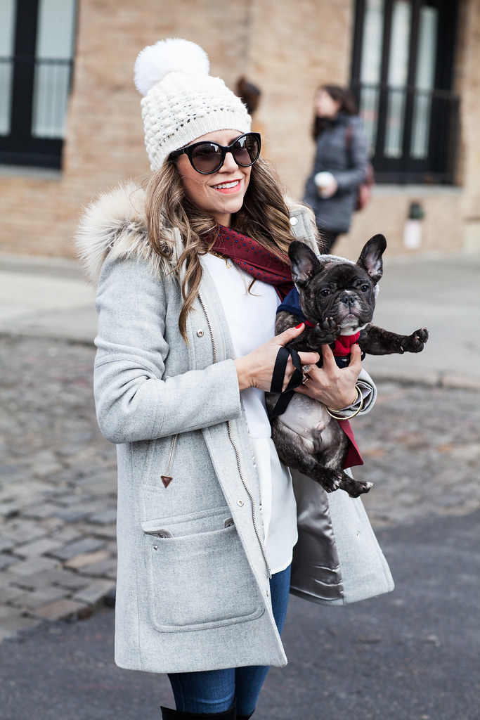 casual outfit jcrew parka grey coat jcrew silk scarf club monaco silk sweater pom pom hat white cream hat french bulldog new york city fashion blogger corporate catwalk blogger casual outfit for the weekend AG Denim jcrew outfit ideas zara suede boots prada sunglasses