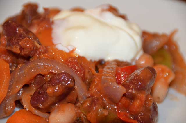 Vegetarian Chilli Supper made with onions, kidney beans and tomatoes