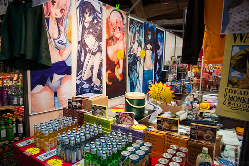 Booth with anime tapestries and ramune at Made in Asia 6