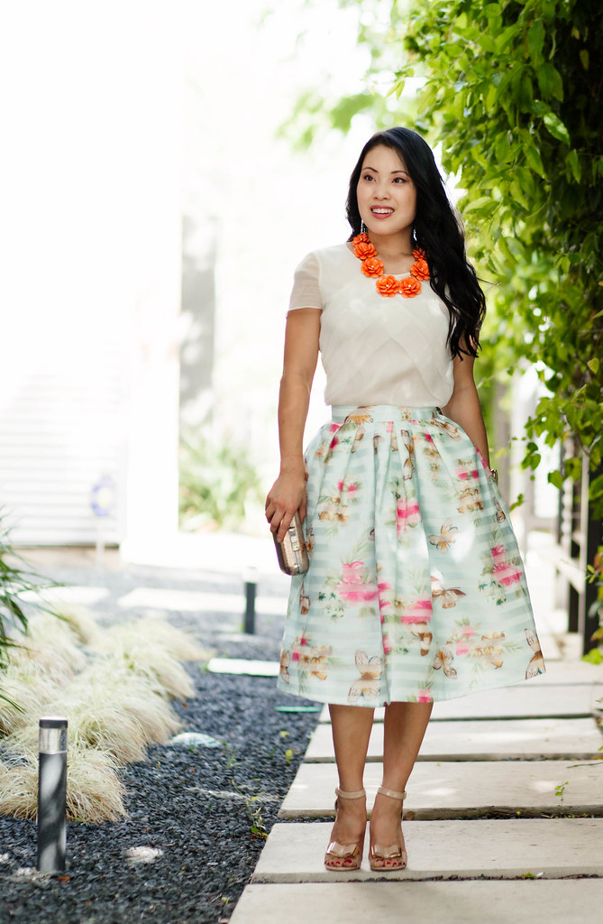 cute & little blog | spring floral midi outfit | chicwish butterfly flower full midi skirt, orange flower bib neklace, nude bow strappy sandals